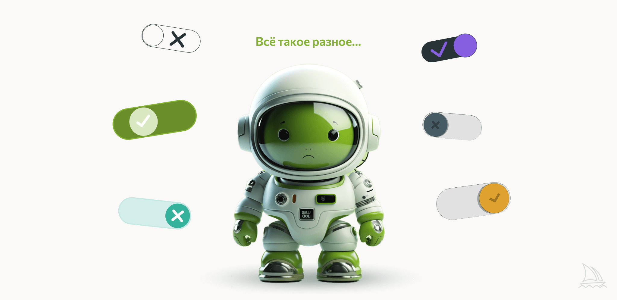 Космонавт в окружении разрозненных кнопок и переключателей